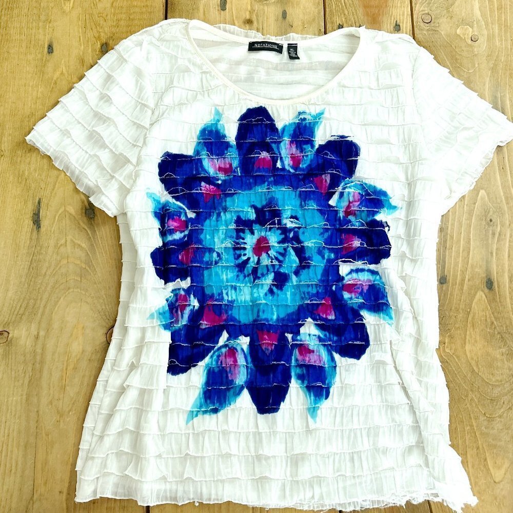 Notations Ruffled Top with Watercolor Flower Tiered XL White‎ Blue USA